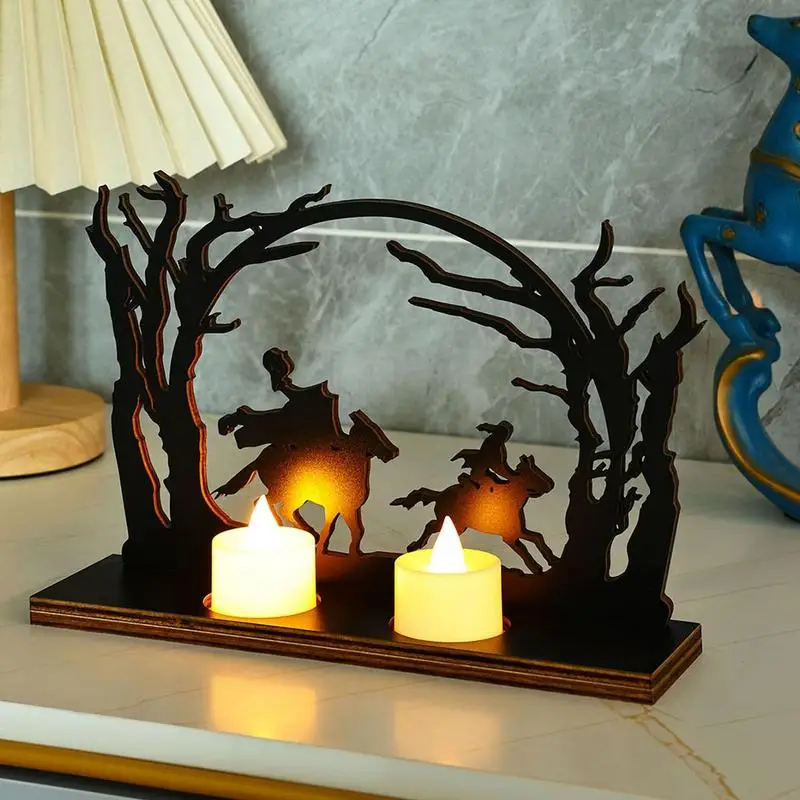 

New Headless Horseman Statue Wooden Candlestick Artwork Hollow Desk Decor Candle Holder For Halloween Party Decoration