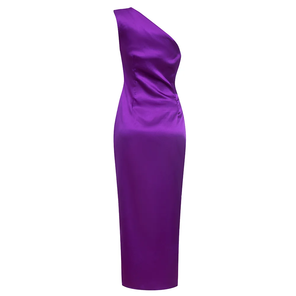 Women Purple Long Gown Sexy One Shoulder Skinny Draped Sleeveless Celebrity Party Dress Cutout High Slit Evening Dress
