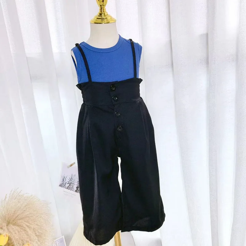 Freely Move Girls Clothes Set 2022 Teen Cute New Korean Casual Vest and Overalls Wide Leg Pants Fashion Children Two Piece Suit