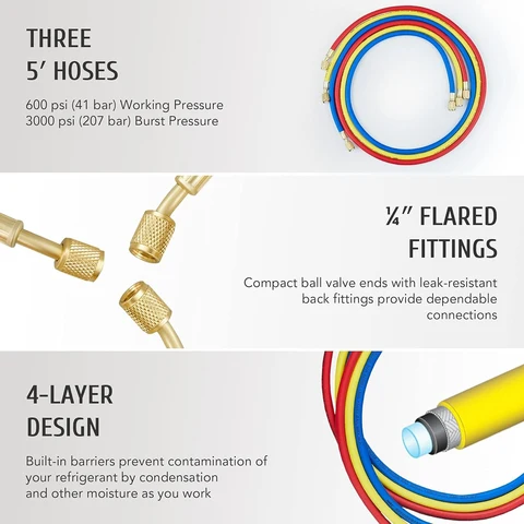 Профессиональный набор инструментов для обслуживания холодильного оборудования с двухметровым и многоцветным шлангом