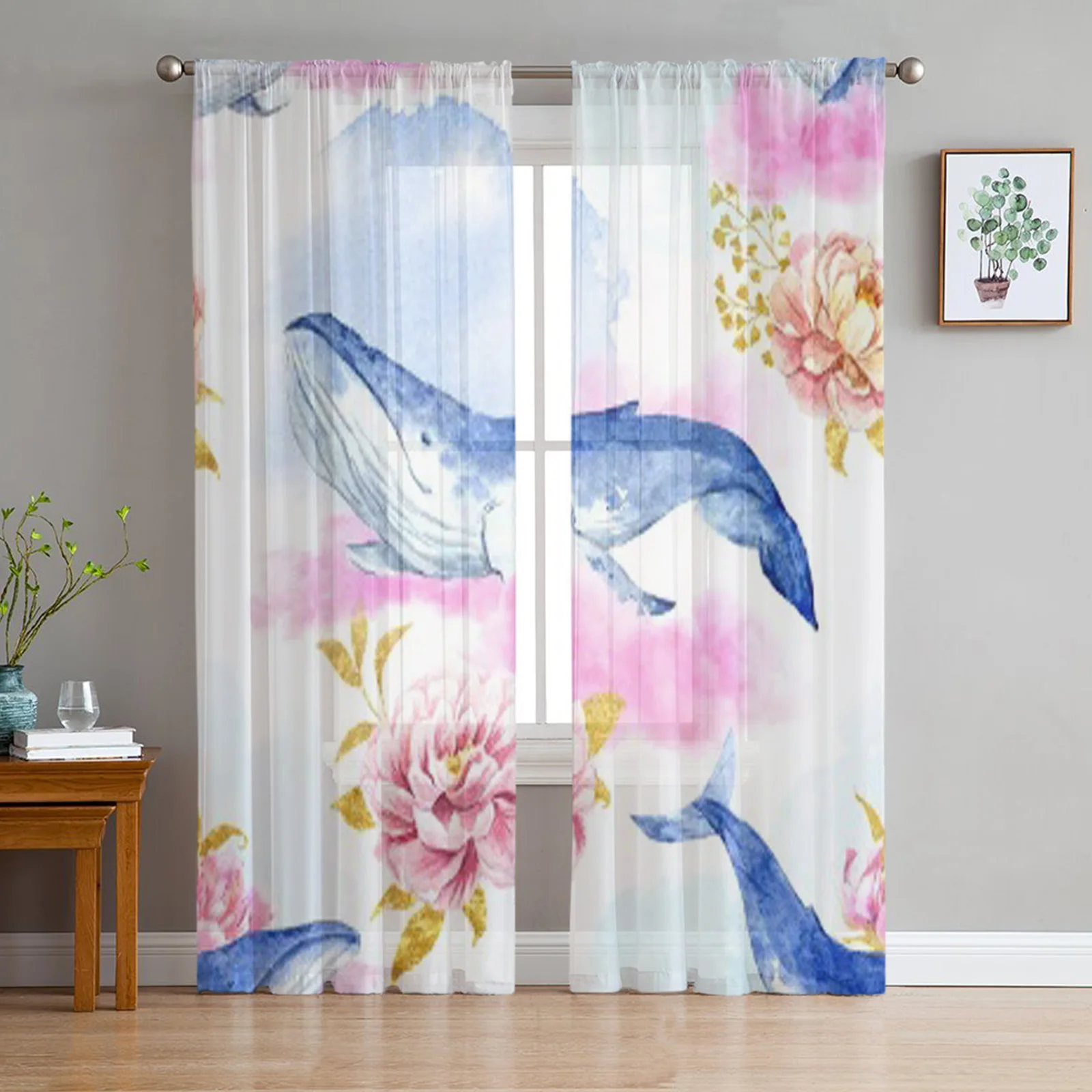 

Abstract Pattern With Whales Flower Tulle Sheer Curtains for Living Room Bedroom Kitchen Decoration Voile Organza Curtains