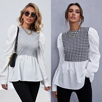 women temperament all match plaid patchwork tunics tops autumn long sleeve woman clothes houndstooth office lady elegant t shirt