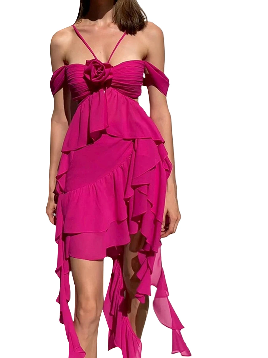

Finegoodwei Vestido corto Y2k con diseño de flores en 3D para mujer sexy sin tirantes sin espalda entallado fruncido