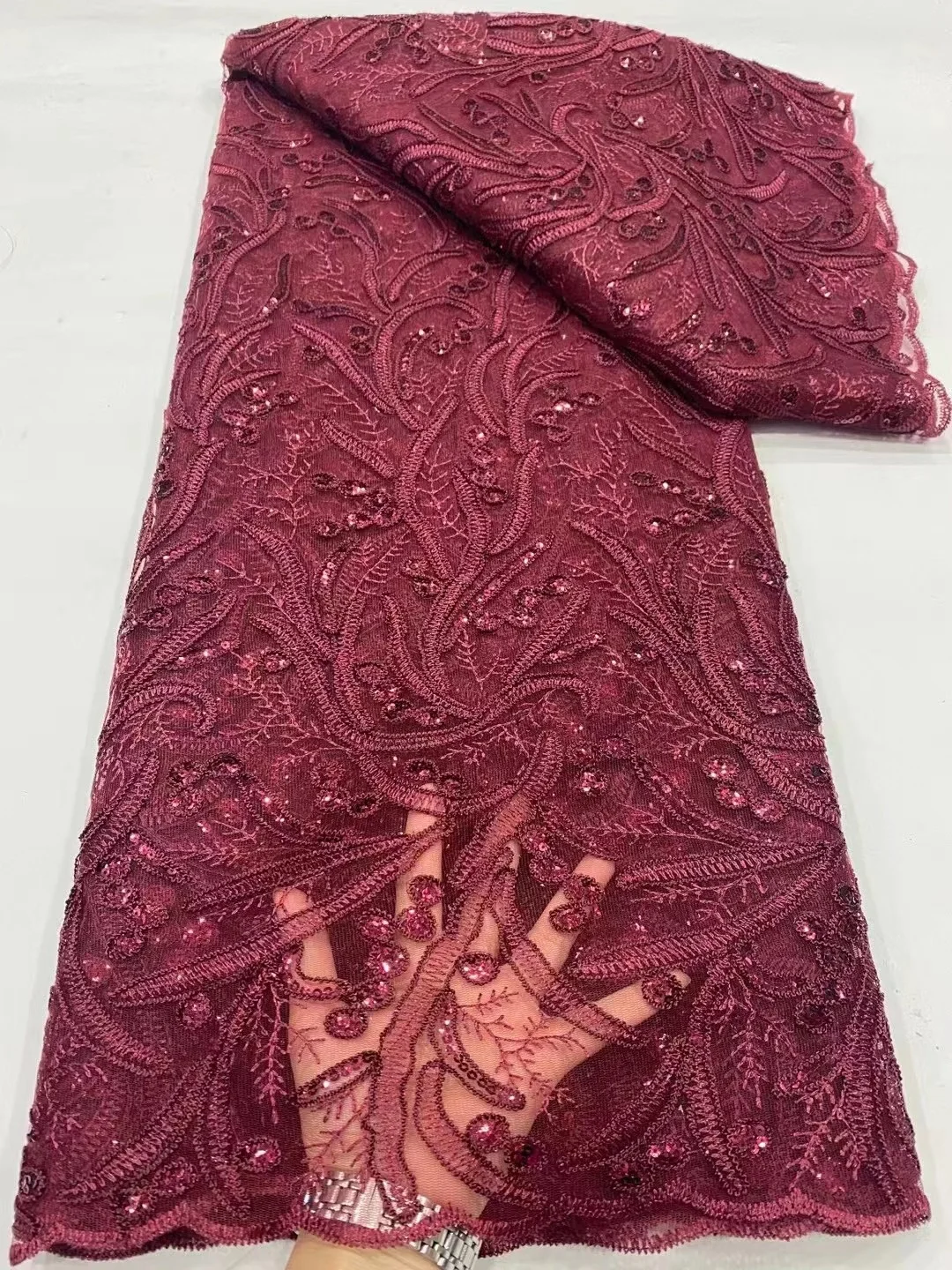 

Wine African Sequins Lace Fabric 2023 High Quality Mesh Lace Fabric 5 Yards Embroidered Nigerian Lace Fabrics For Party Dress