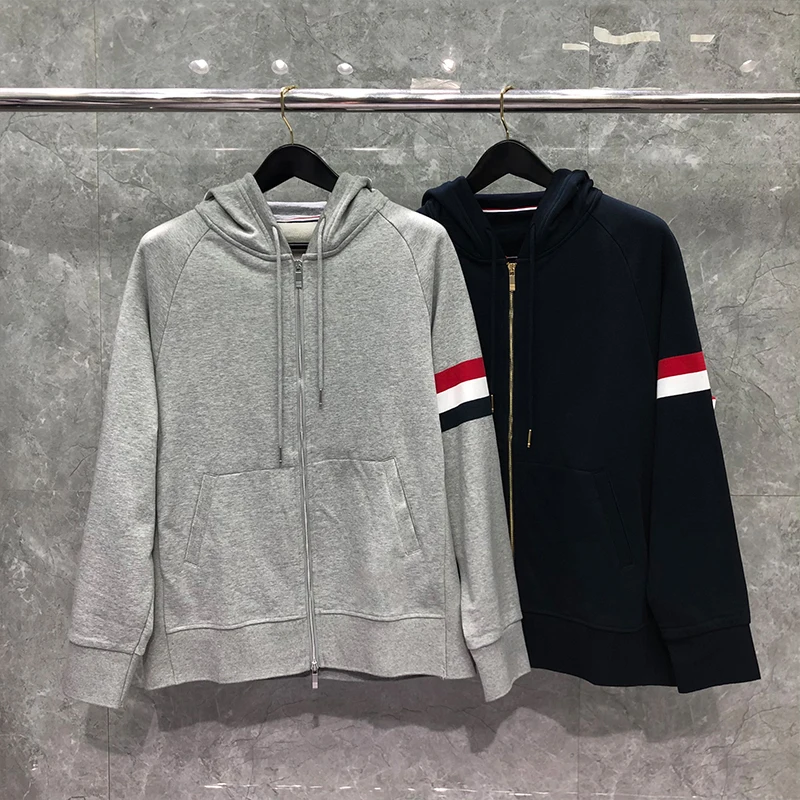 TB THOM New Striped Hooded Clothing Cotton Jacket With Pockets  Men Women Sweatshirts Hoodies Cardigans Casual Sportswear Coat
