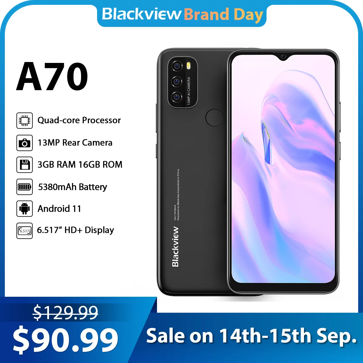 Blackview A70 Android 11 Smartphone 6.52 Inch Display Octa Core 3GB RAM+32GB ROM 5380mAh 13MP Rear Camera 4G Mobile Phone