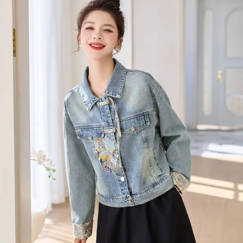 Новая джинсовая куртка с китайской вышивкой женская верхняя одежда весна 2024
