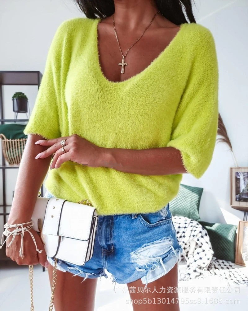 

2022 Fashion New Women's Yellow V-neck Knitted Half-sleeve Top Female & Lady Casual Office Spring Sweater