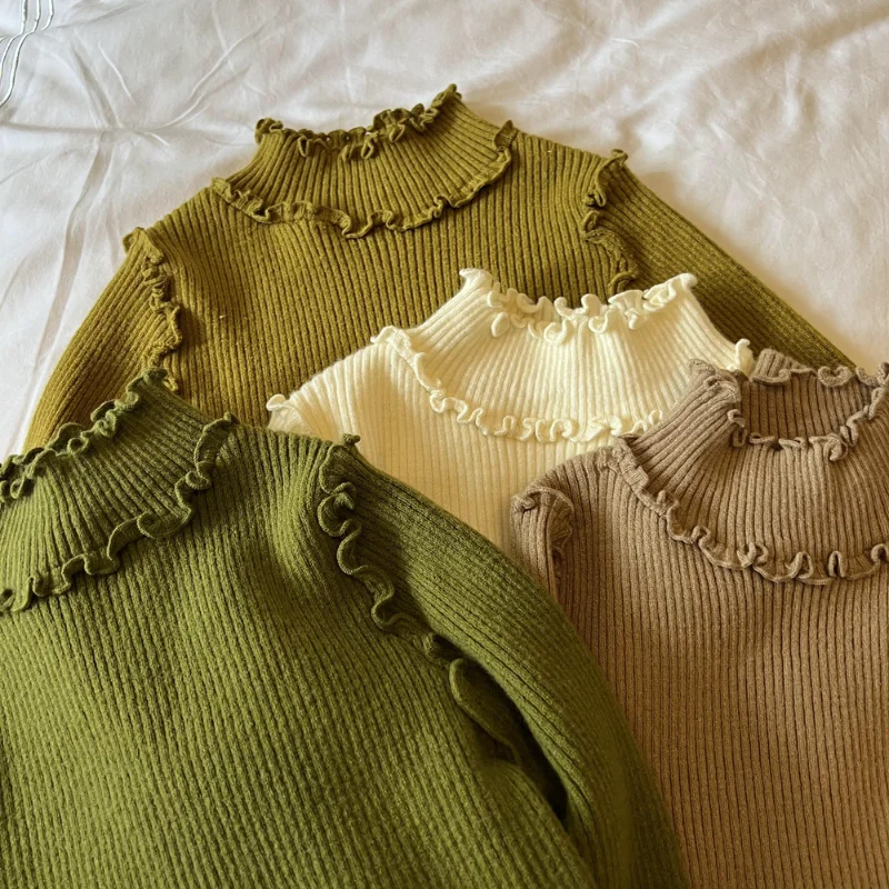 

2022 New Little Girl Sweater Autumn Winter Korean Ruffle Collar Knitting Shirts Children High Collar Knit Sweater for Kids