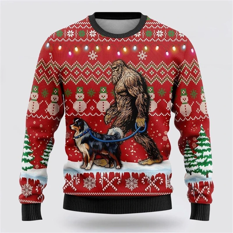 Gorilla Walking The Dog Christmas Sweatshirt Unisex 3D Printed Snowman Novel Street Long Sleeve Sweatshirts Hip Hop Hoodies