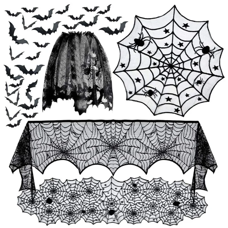 

Halloween Bat Table Runner Black Spider Web Lace Tablecloth Fireplace Curtain Halloween Party Decoration for Horror House Props