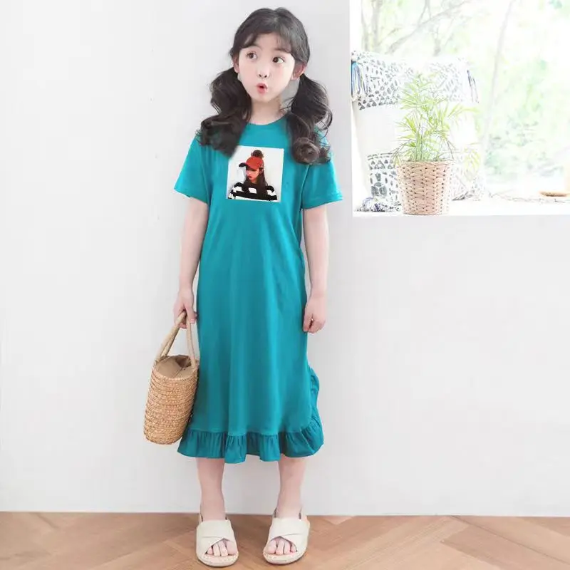 

Summer Dress for Girls Casual Short Sleeve T-shirt Long Dress Kids Clothes Girls Gray Printed 13 14 Years Teen Children Costume