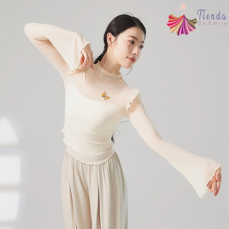 Женский костюм для танцев с длинным рукавом сетчатая рубашка оборками на плечах