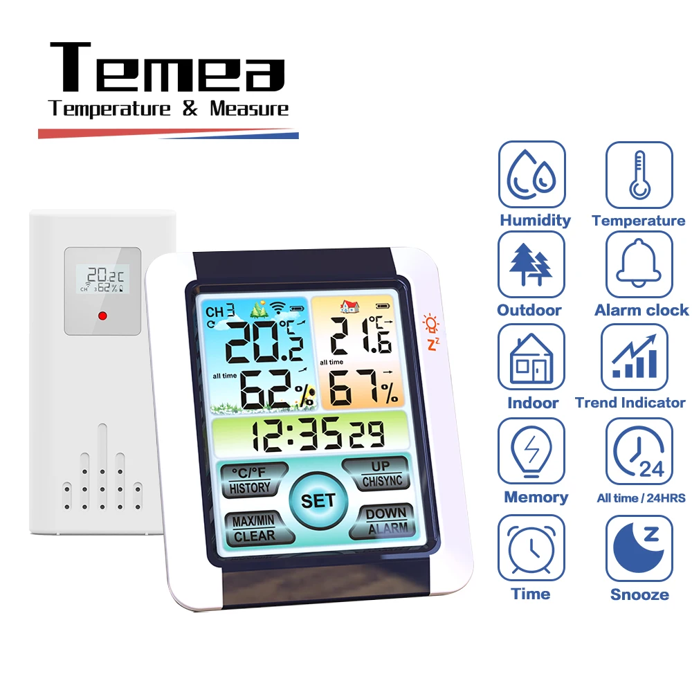 

Цифровой термометр Temea для помещений и улицы, Беспроводная метеостанция с будильником, измеритель температуры и влажности с передатчиком