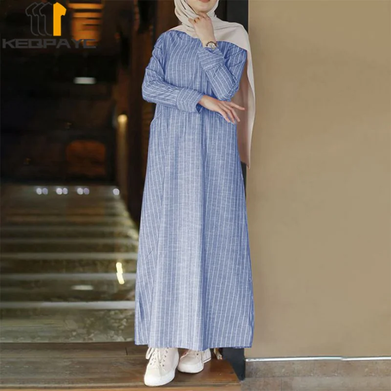 Muslim Women Dubai Abaya Cotton Linen Long Dress Kaftan Islam Arab Vintage Striped Dresses Robe Middle East Ramadan Eid Clothing