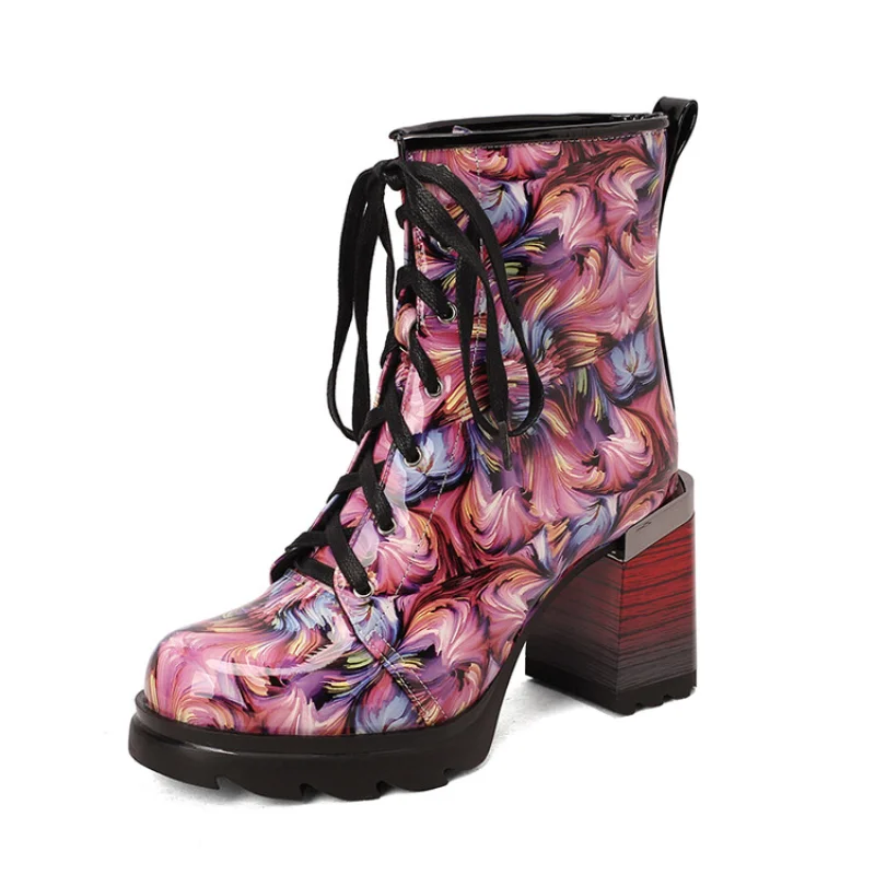

Ankle Boots for Women Autumn and Winter New Fashion Print Street Style Martin Boots Front Tie Wrap Gradient Heels High Quality