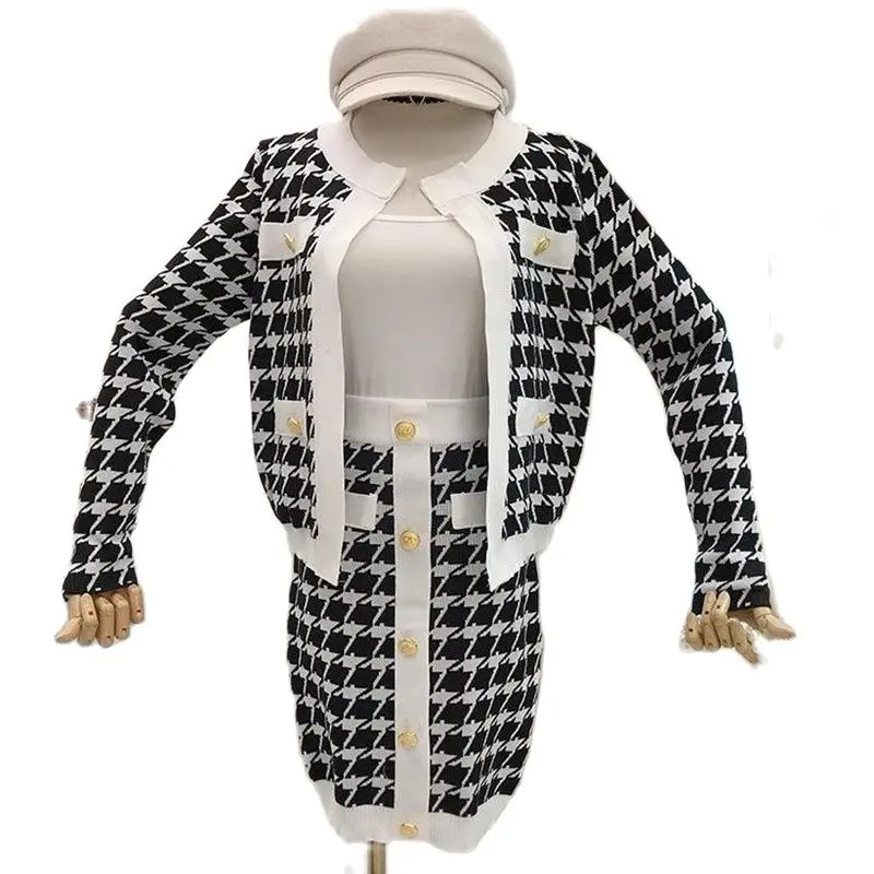 

Knitted 2 Piece Set 2023 Autumn Winter two piece set Classic Houndstooth Coat+Skirt Suit Elegant Office Lady Suit skirt set