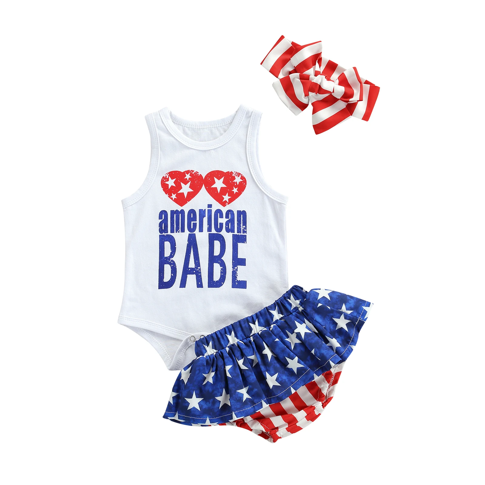 

0-24M Baby Girls Independence Day 3Pcs Outfit Infant Toddler Letter Print Sleeveless Romper Star Stripe Pantie Hairband Sets