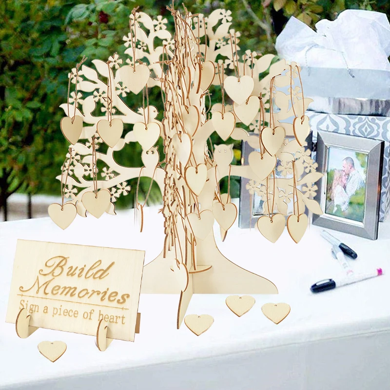 

Wedding Guest Book Wishing Tree with Sign Name Card Wooden Heart Pendant Wedding Event Party Table Decoration Favors Baby Shower