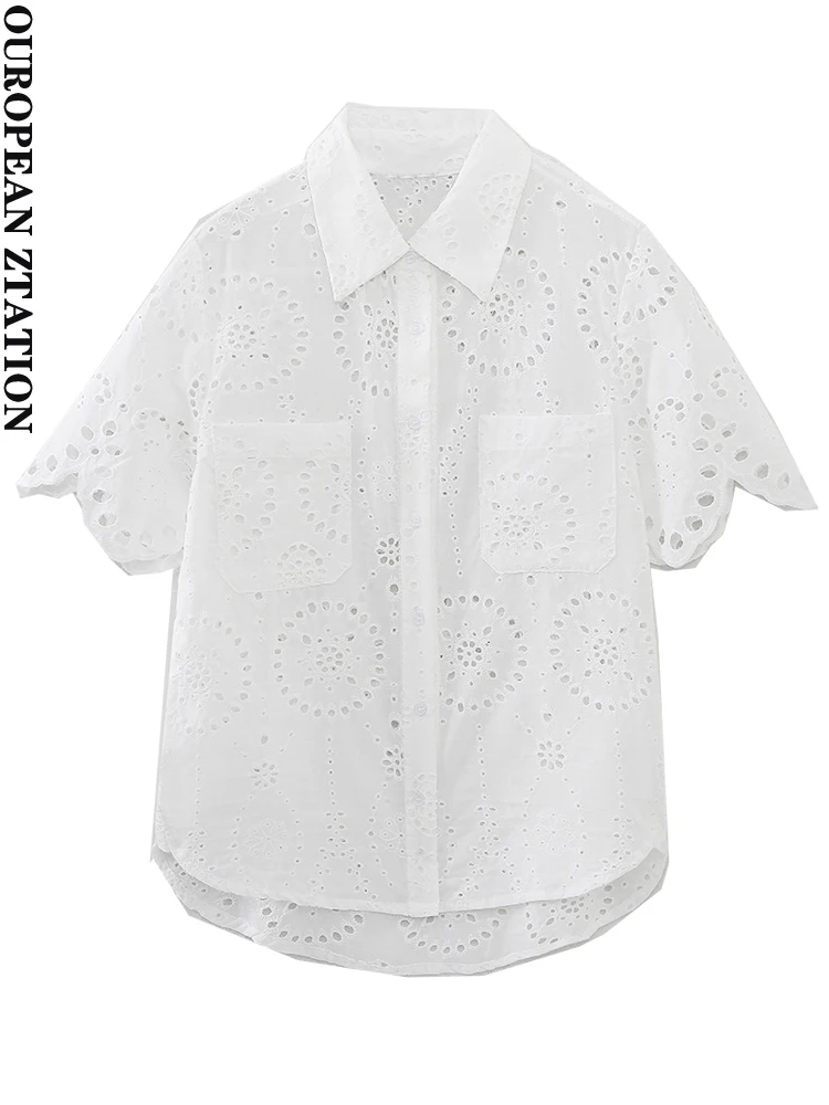 

PAILETE Women 2023 fashion cutwork embroidery shirts vintage short sleeve button-up female blouses blusas chic tops