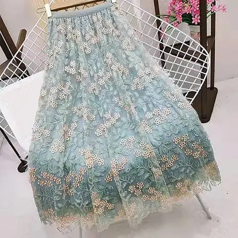 

Summer Embroidery Floral Mesh Long Skirt Women Elastic High Waist A Lien Tulle Green Mini Skirts Korean Casual Tennis Skirt