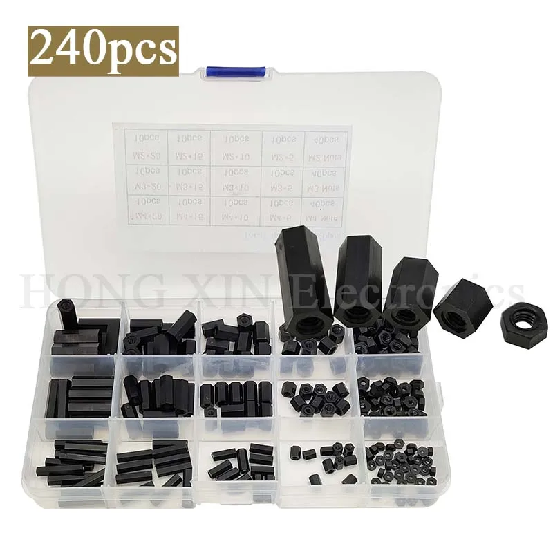 

240pcs M2 M2.5 M3 M4 Black Plastic Nylon Insulated Hex Standoff Hexagon Pillar Spacer Column Screw Nut Assortment Kit Set