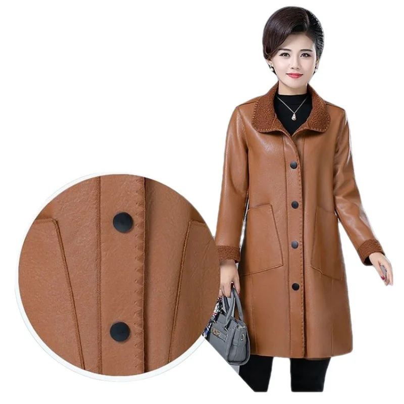 Lamb Fur Ladies Leather Loose Korean Fur One Medium-long Mother's Autumn  Winter Women's Coat Thick Brown Winter Jacket Women