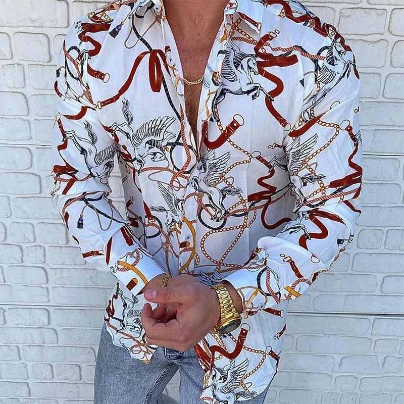 2023 Spring And Autumn Clothing Casual Long-Sleeved Shirt Printed Lapel Summer Men's Clothes Street Fashion Slim Blouses S-4XL