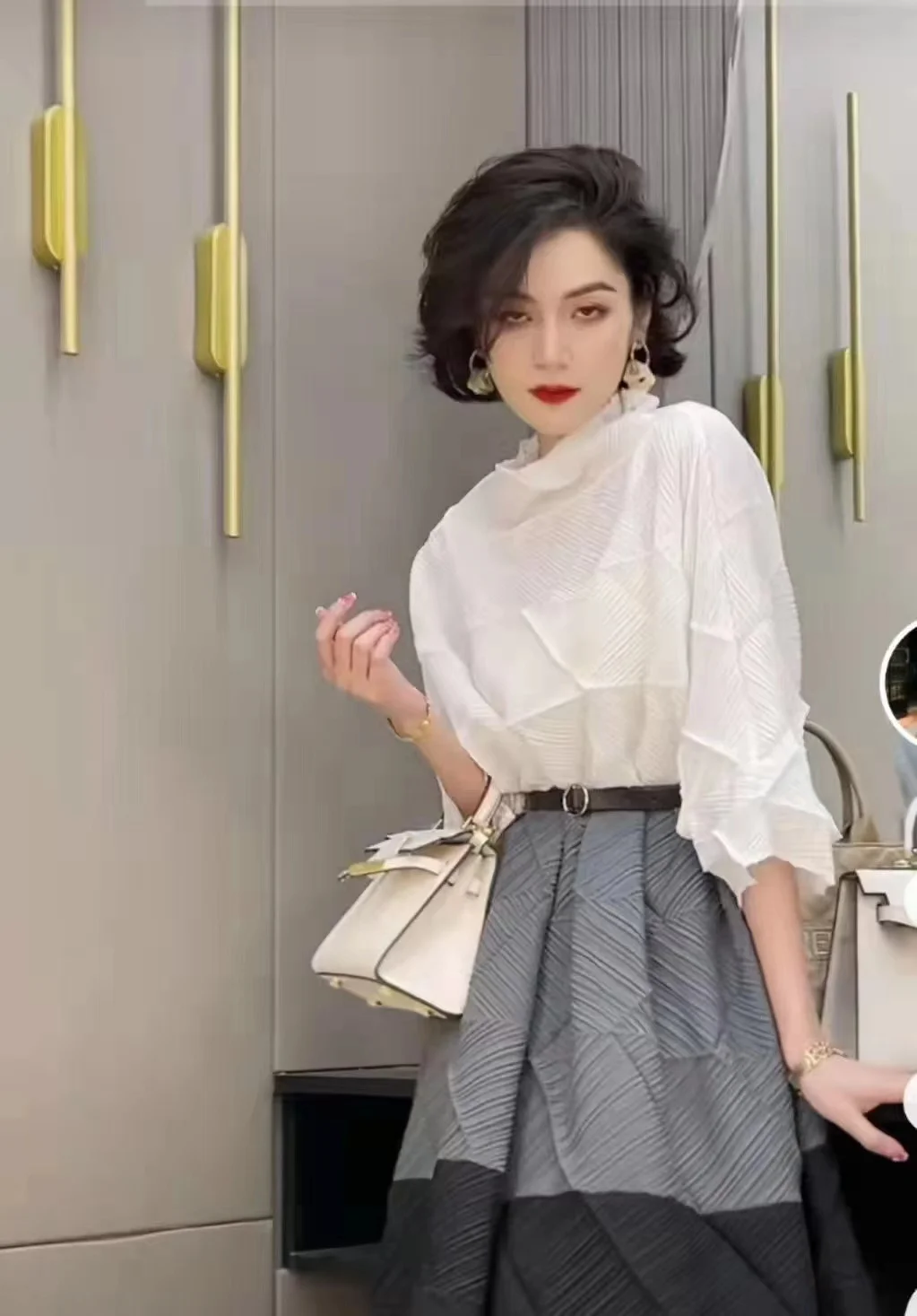 

Women Pleated Dress Mosaic Diamond Folds Seven Sleeve Half Collar Casual Style Dresses 2023 New Spring Fashion