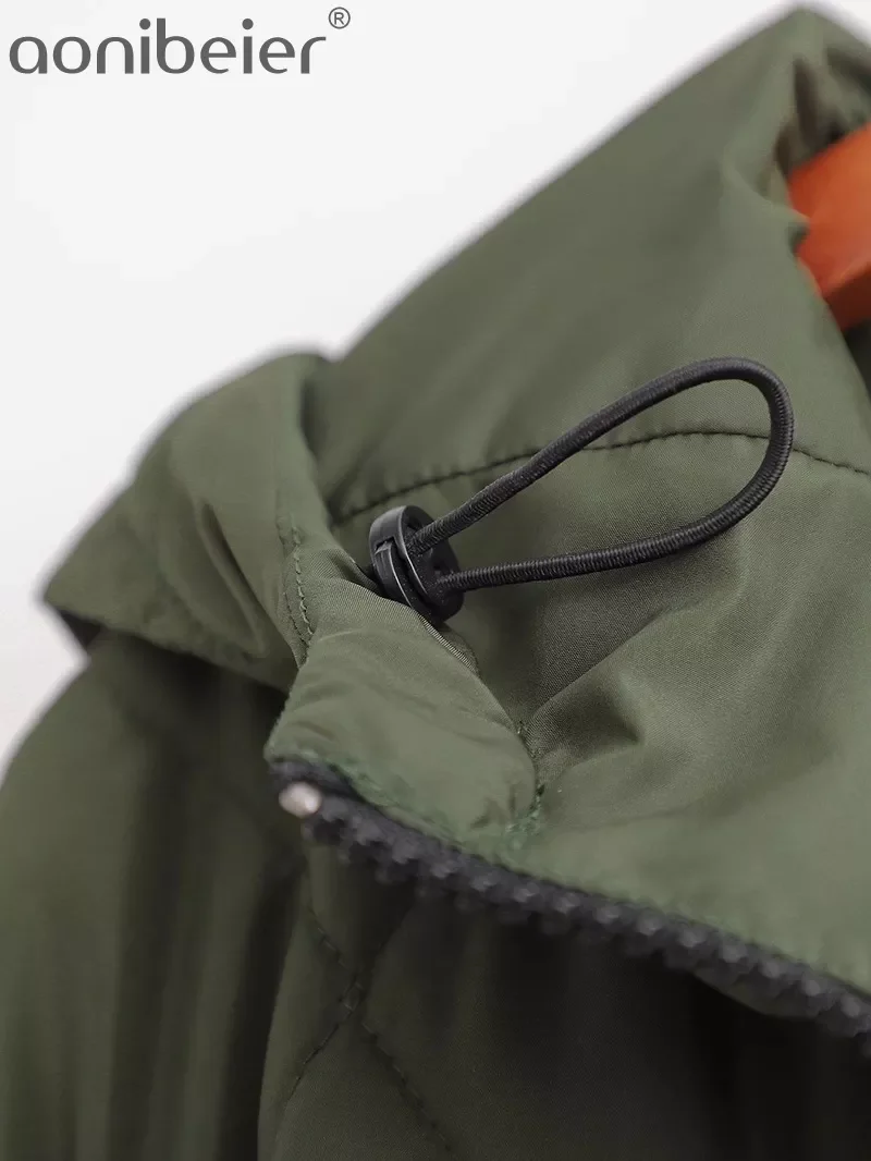 New2022 2022   Woman Casual Traf Coats Winter Warm Argyle Quilted Padded Jacket Hooded Zipper Mid Length Loose Parkas Outwear