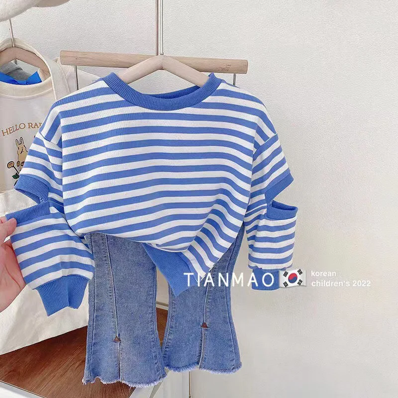 

Baby Girls Striped Tops 2023 Autumn Spring New Kids Hole Sweatshirt Cotton Clothes Toddler Boys Tees Long Sleeve T-shirt
