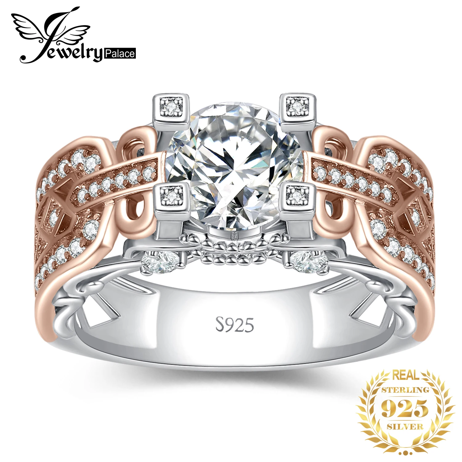 

JewelryPalace New 925 Sterling Silver Wedding Engagement Ring for Woman Cross 2.6ct AAAAA CZ Simulated Diamond Rose Gold Ring