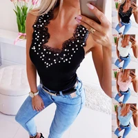 sexy tank top pearls halter crop tops women summer camis lace solid camisole fashion casual tube female sleeveless cropped vest