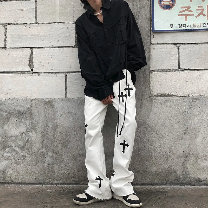 Streetwear Vintage Jeans Men's Jeans Summer Fashion Loose Cross Jeans Men's Mid-Waist Denim Bell-Bottom Pants Trousers