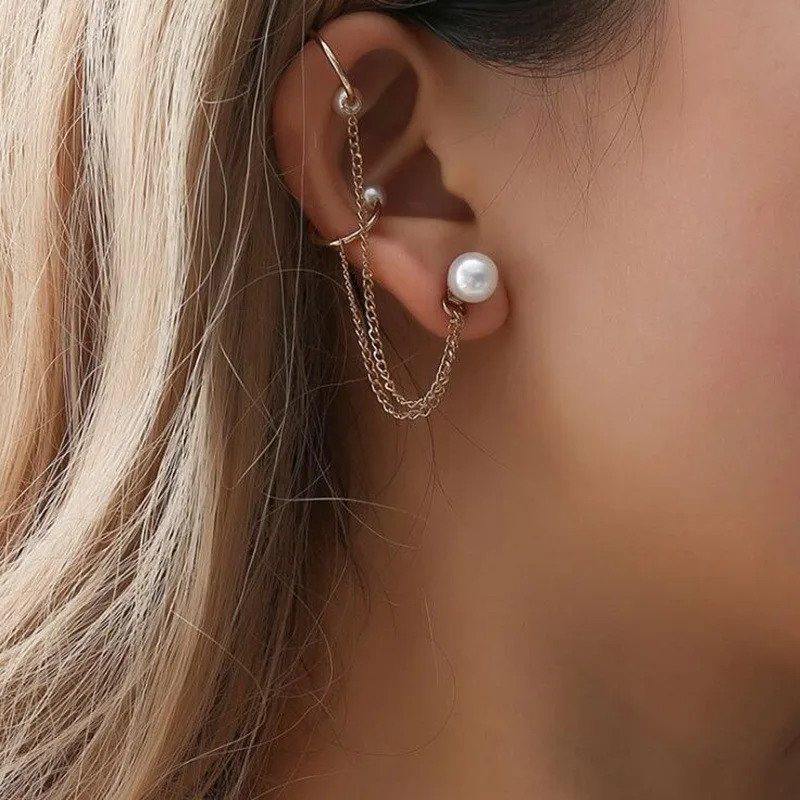 

Pearl earrings stud Fashion bead Long Tassel Ear Bone Clip Earring For Women 2022 new Cute girl Romantic Wedding Jewelry As Gift