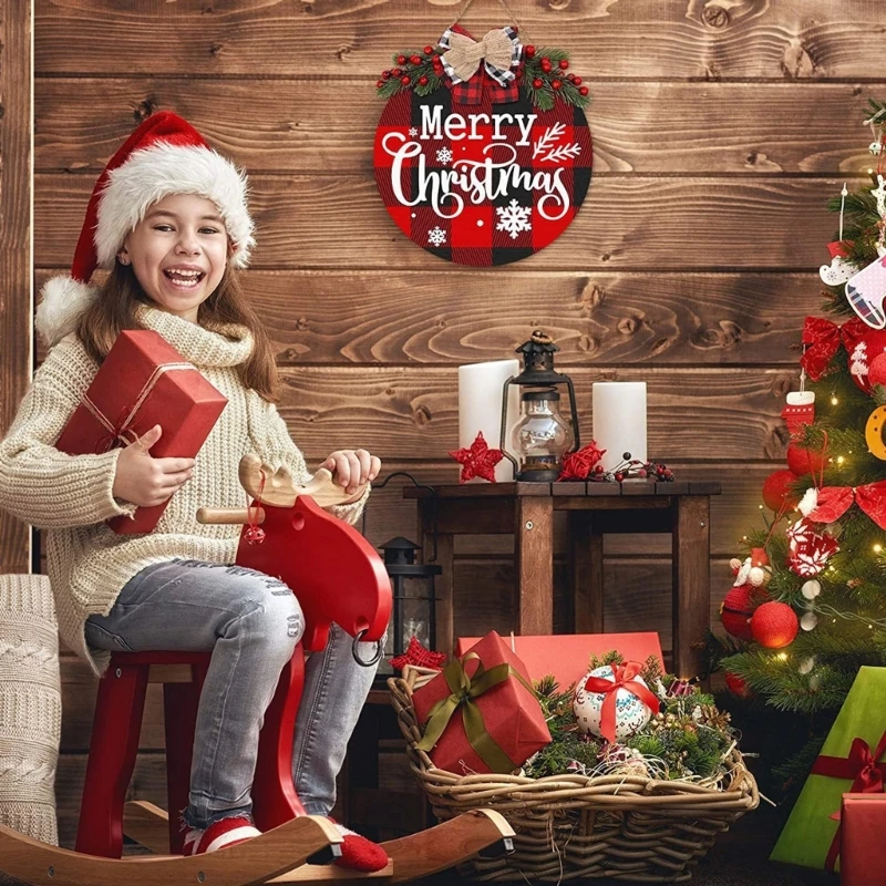 

Семейный венок с надписью "Merry Christmas", в клетку буйвола, деревянный праздничный декор для входной двери