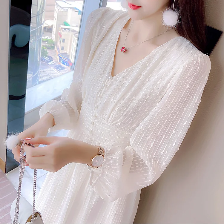 

Women Spring Summer Korean V-neck Long Sleeves Robe Slim Bodycon Dresses Female Elegant Office Ladies Chiffon Long Dress H74
