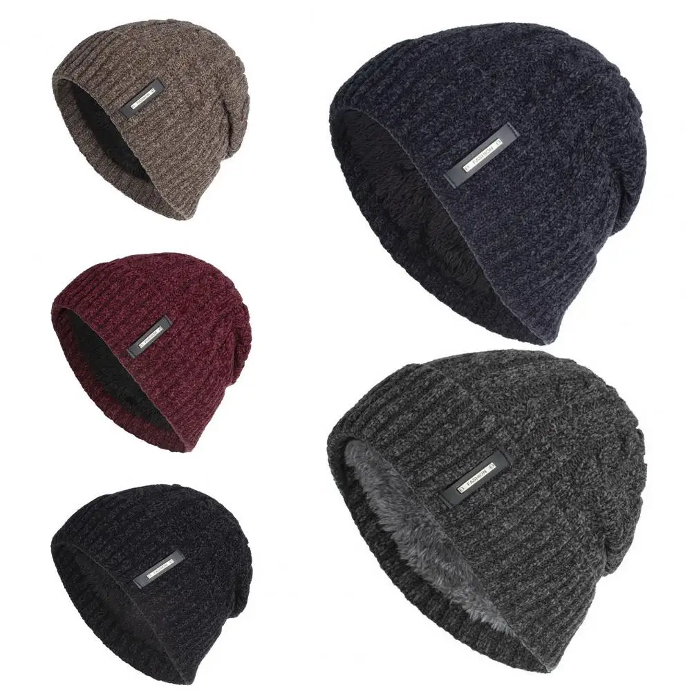 

Casual Male Hat Fashion Letter Decor Flanging Winter Thermal Male Knit Skull Cap Woolen Yarn Men Hat for Holiday
