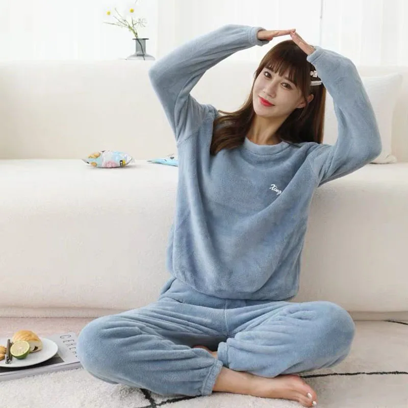 Autumn and winter thickened pajamas set coral fleece casual can be worn outside the home clothes pijama