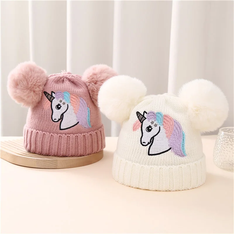 

Suefunskry Kids Boys Girls Knit Beanie, Soft Lightweight Cartoon EmbroideryWinter Warm Cap Toddler Beanie with Plush Balls