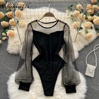 summer 2022 new mesh stitching long sleeves jumpsuit for female sexy diamond embedded beaded round neck jumpsuit ladies