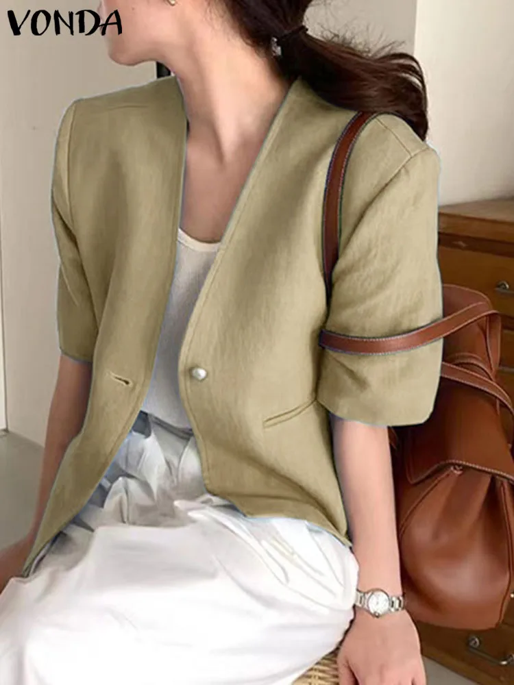 VONDA Summer Cotton Tops Fashion 2023 Women Blazer Short Sleeve Solid V-Neck Button Blusas Tunic Streetwear Oversized