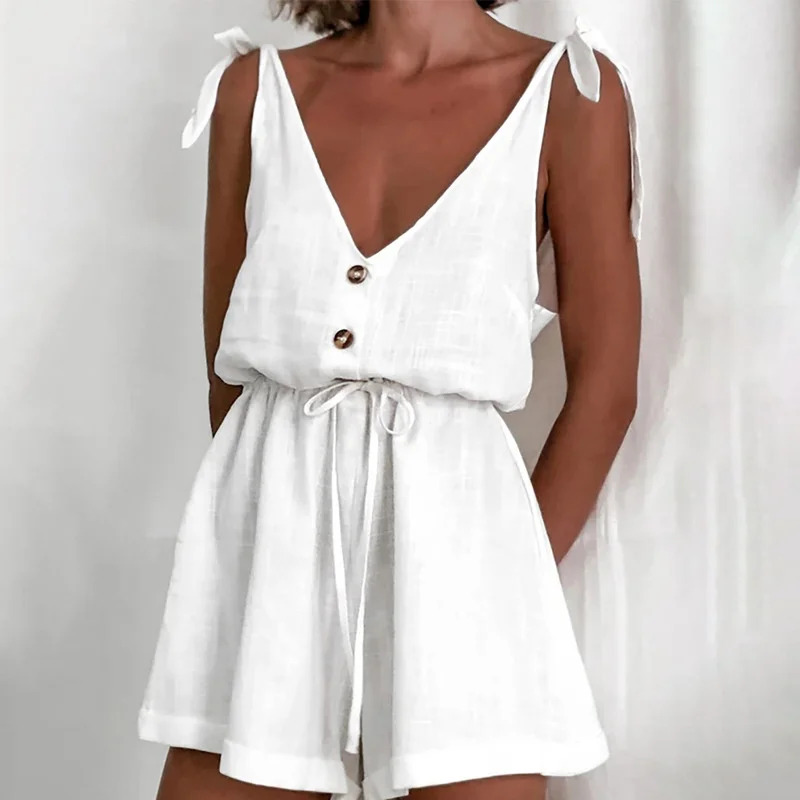 Sling Cotton Linen Playsuit 2022 V Neck  White Rompers Women Sash Backless Summer Beach Overalls Solid