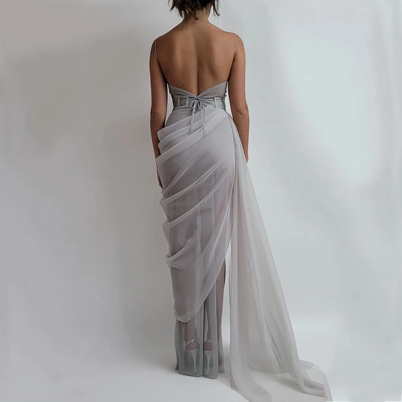 New Sexy Chic Organza Prom Dress Backless Spaghetti Strap Sleeveless Side Split Mesh Women Formal Evening Party Elegant Gowns