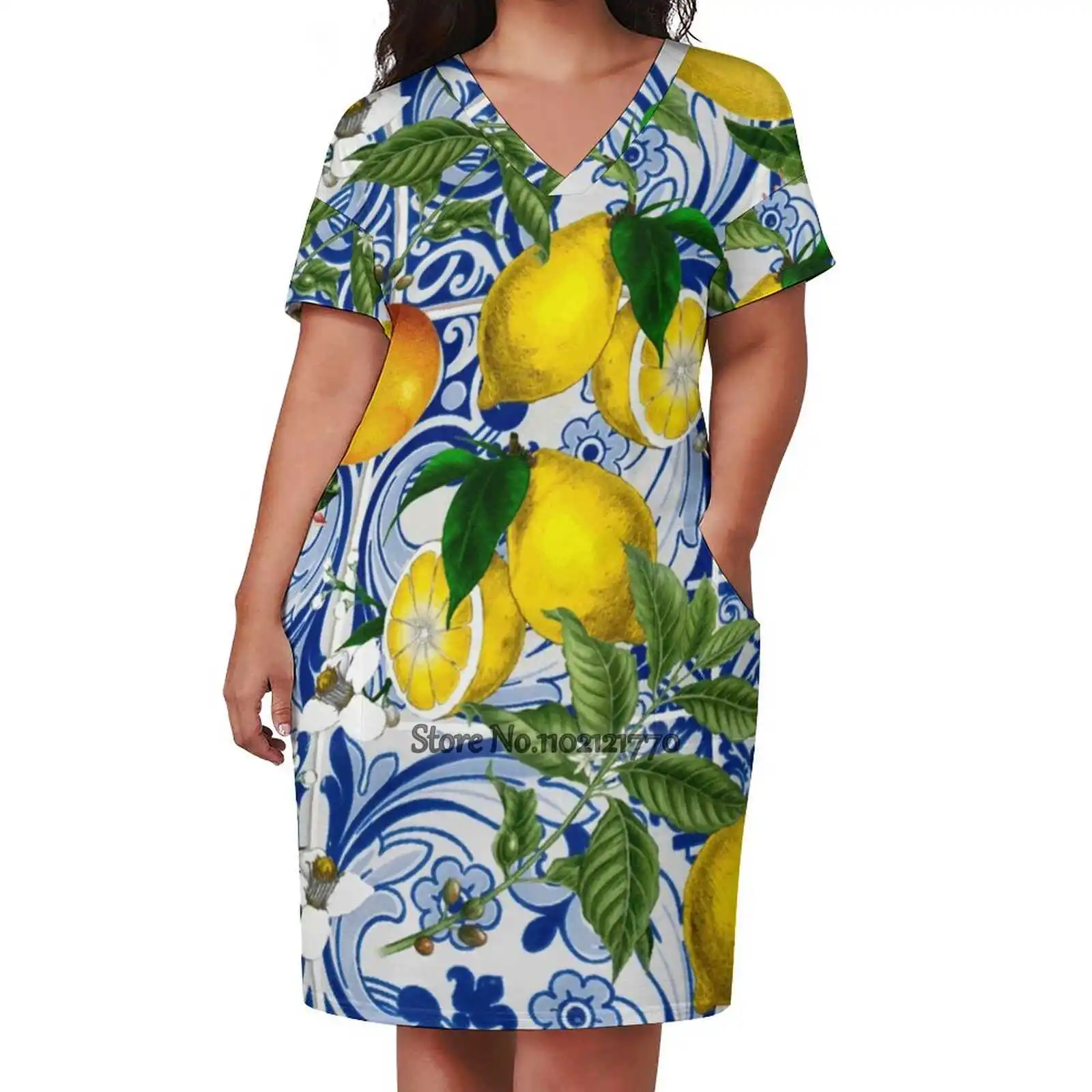 Mediterranean Lemon On Blue Ceramic Tiles Back Lacing Backless Dress Square Neck New Plus Size Elegant Women Dress Blue Yellow images - 6