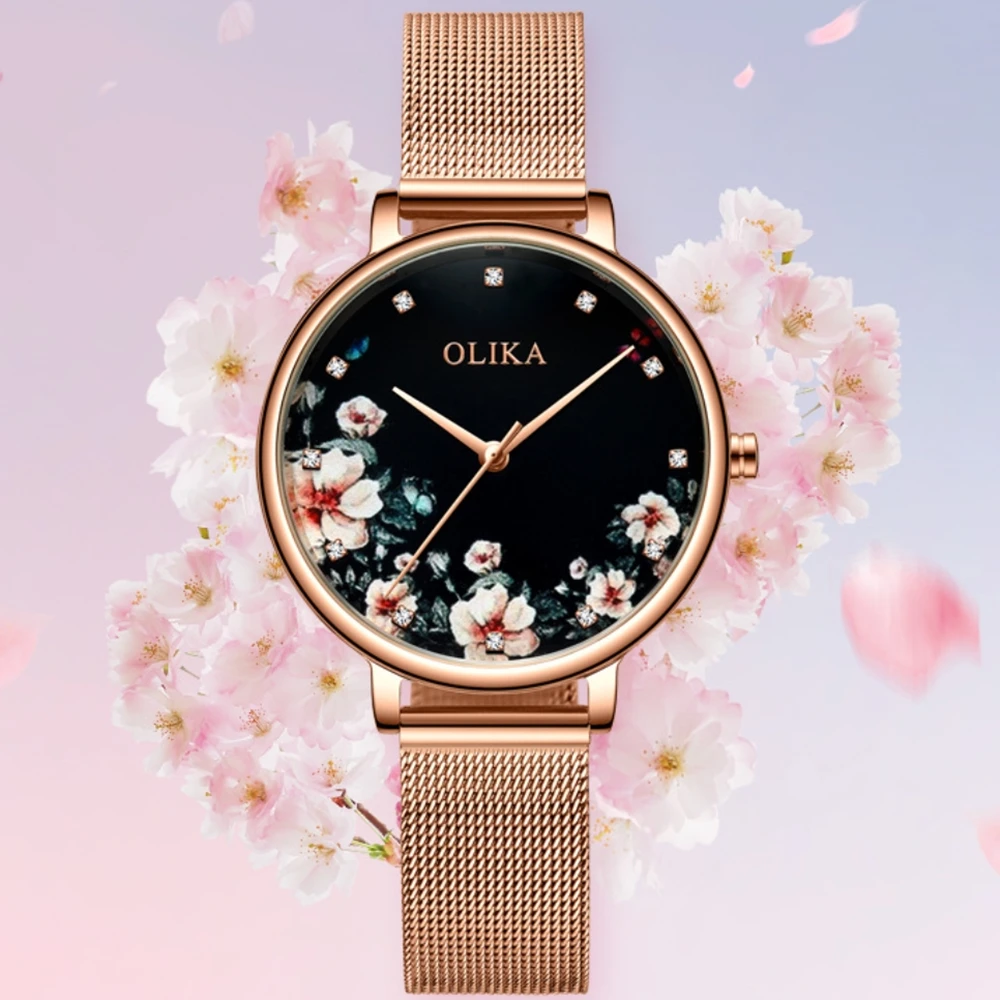 QSCY OLIKA Watch for Women Small fresh Girl camellia Ladies Fashion Quartz Wristwatch Female Waterproof Top Women'S Watches