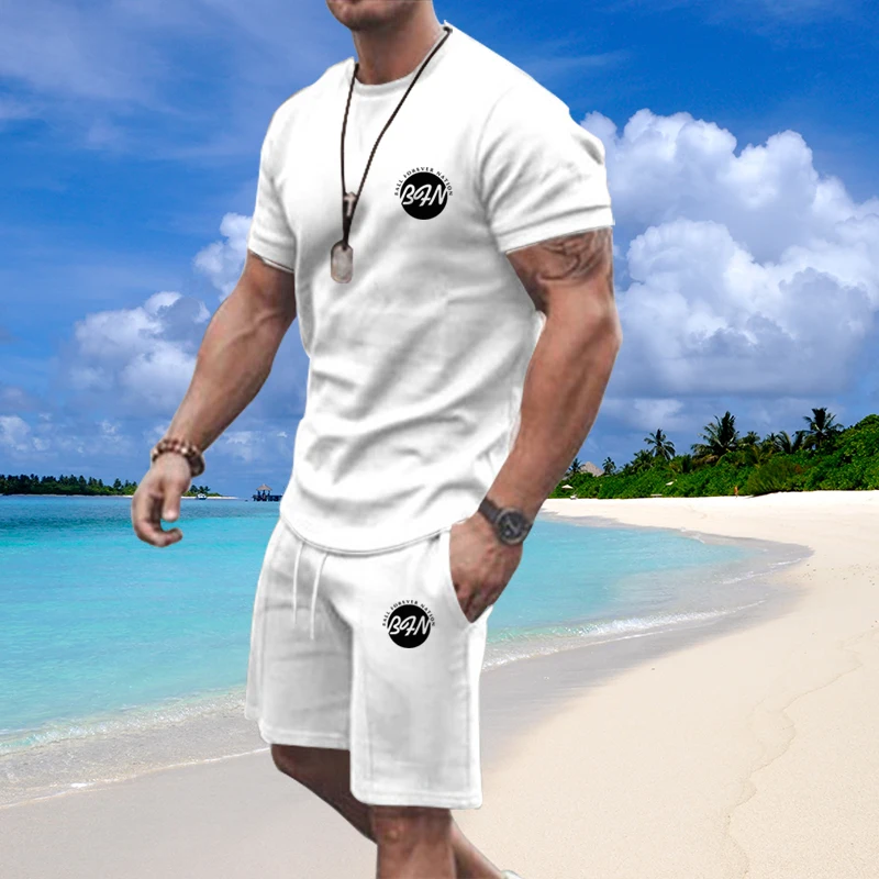 

Summer Cotton T Shirt Sets Men Tracksuit Solid Color Print 2 Piece Suits Fashion Man Clothes Beach Casual Shorts Sports Outfits