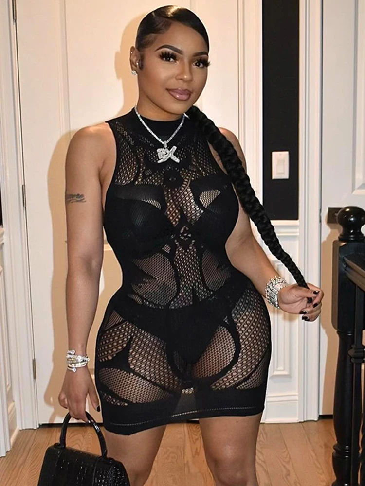 

Sisterlinda Mesh Patchwork Sexy Mini Dress Lady Sleeveless See Through Bodycon Midnight Party Skinny Elastic Y2K Clubwear Outfit