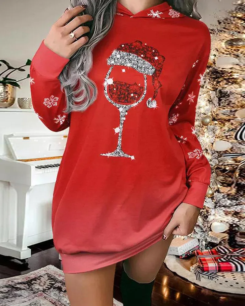 

Christmas Snowflake Wine Glass Print Sweatshirt Dress Women Hooded Fashion Hoodies Sweatshirts Mini Dress Casual