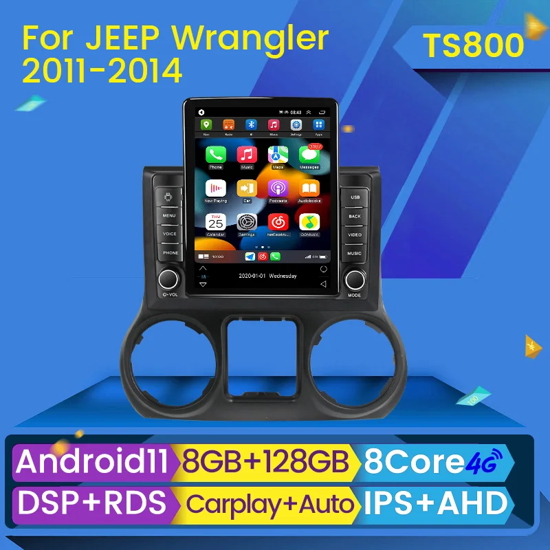 Автомобильный мультимедийный плеер 8G + 128G Carplay Android 11 для Jeep Wrangler 3 JK 2011-2016 Tesla Style